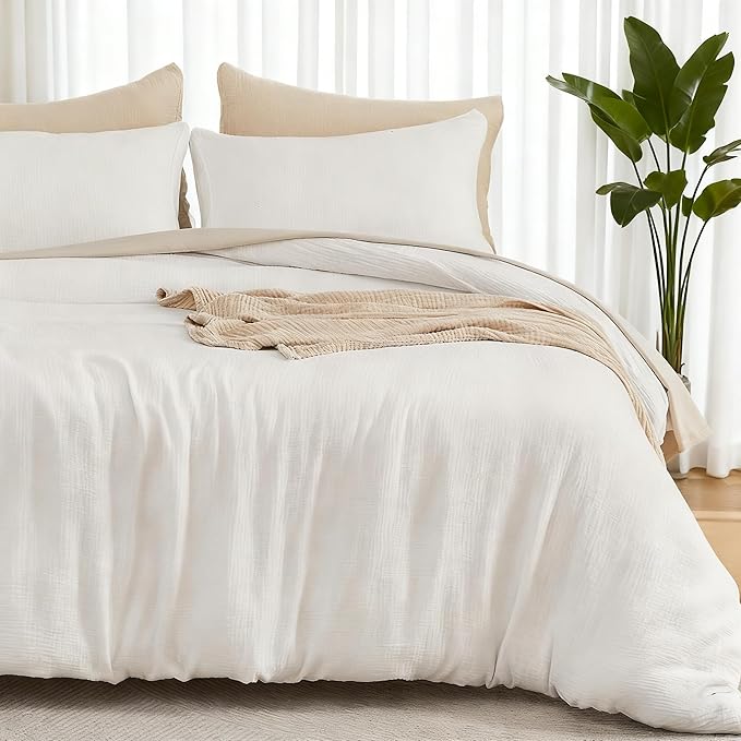 EMME Muslin Cotton Duvet Cover Set Cream White Twin Size Linen Like Soft Breathable Lightweight Summer Comforter Cover Set with Zipper Closure (Cream White, Twin, 68"x90")