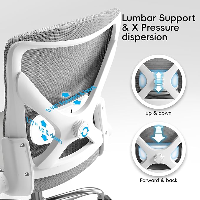 Office Home Ergonomic Desk Chair-Computer X-Shaped Chair Mesh PU Leather with Adjustable Lumbar Support-Executive Chair High Back Flip-Up Arms for Long Hours (White-Grey-No Headrest)