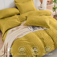 HYMOKEGE Mustard Yellow Twin Comforter Set Seersucker 5 Pieces, All Season Luxury Bed in a Bag for Bedroom, Bedding Set with Comforter, Sheets, Pillowcase & Sham