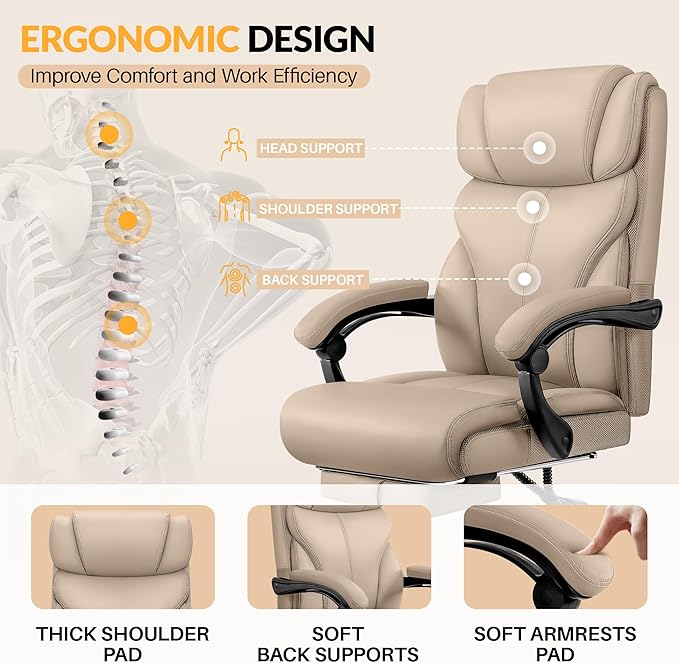 Office Chair, Executive Big and Tall Leather Desk Chairs with Footrest, Ergonomic Breathable Computer Chair with Adjustable High Back, Lumbar Support Swivel PC Chairs with Rocking Function