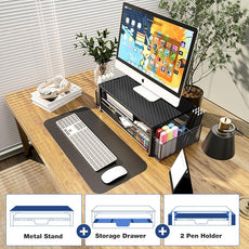 OPNICE Desk Organizer and Accessories, 2-Tier Computer Monitor Stand with Drawer and 2 Pen Holders, Laptop Stand, Office Desk Accessories for Office Supplies, Carbon Fiber