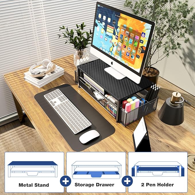 OPNICE Desk Organizer and Accessories, 2-Tier Computer Monitor Stand with Drawer and 2 Pen Holders, Laptop Stand, Office Desk Accessories for Office Supplies, Carbon Fiber