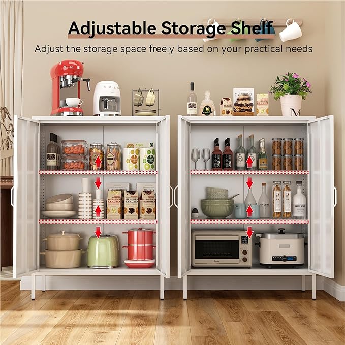 Metal Locker Cabinet, White Accent Storage Cabinets with 2 Doors And Adjustable Shelves, 3 Tier Modern Storage Freestanding Sideboard for Living Room,School,Office Home Kitchen (White, 2Doors-40"H)