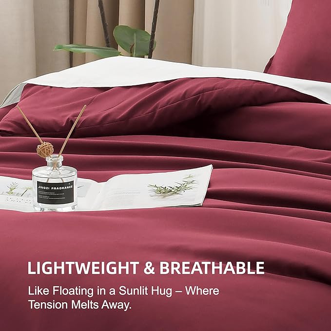 Litanika Comforter Set, Lightweight Solid Bedding Comforter Set, Fluffy Down Alternative Bed Set, Burgundy, California King