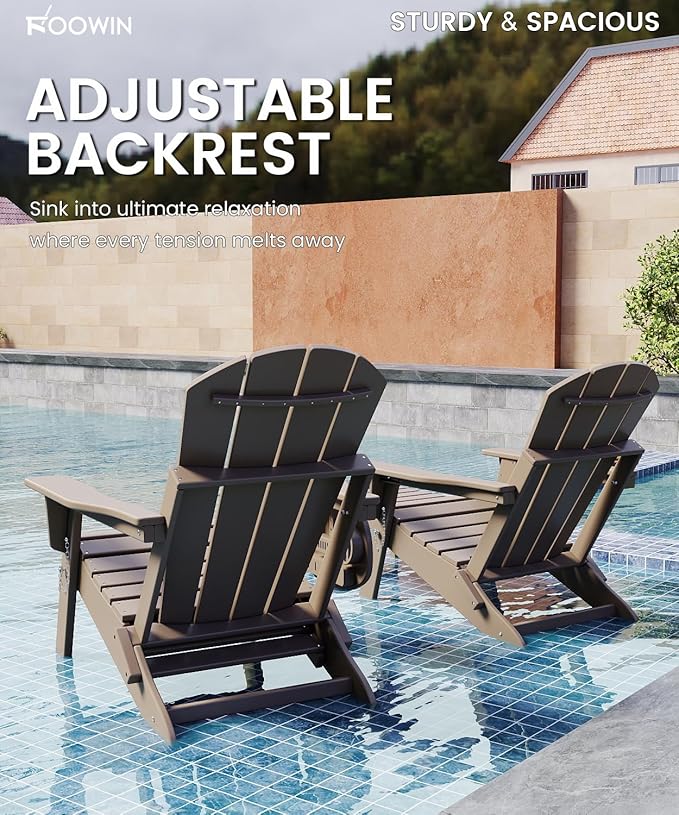 FOOWIN Folding Adjustable Adirondack Chair with Retractable Ottoman, HDPE Adirondack Chair w/4 in 1 Cup Holder Trays,All-Weather Resistant Fire Pit Chair for Outdoor Patio Lawn, Brown