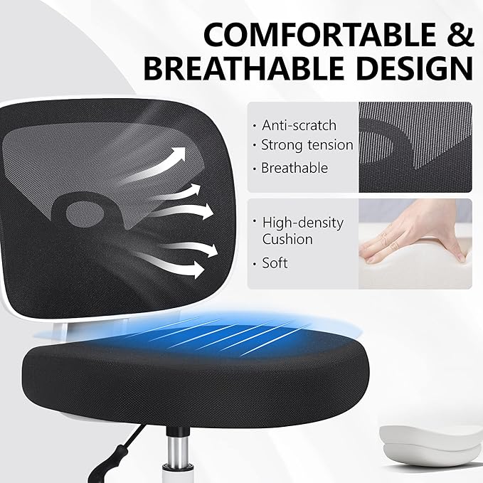 Primy Armless Mid-Back Ergonomic Standing Desk Chair - Mesh Rolling Tall Chair, Adjustable Height and Footring, Art Room, Office or Home (White)