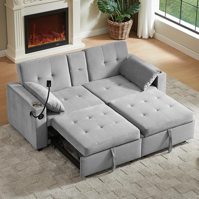 66" Multi-Functional Pull-Out Sofa Bed with Hidden Side Table, Storage Armrests, Built-in Charging Port, Spring Mattress, Solid Wood Frame – Ideal for Small Spaces, Easy Assembly