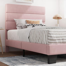 SHA CERLIN Twin Platform Bed Frame with Velvet Upholstered Headboard, Mattress Foundation with Strong Wooden Slats Support, No Box Spring Needed, Pink