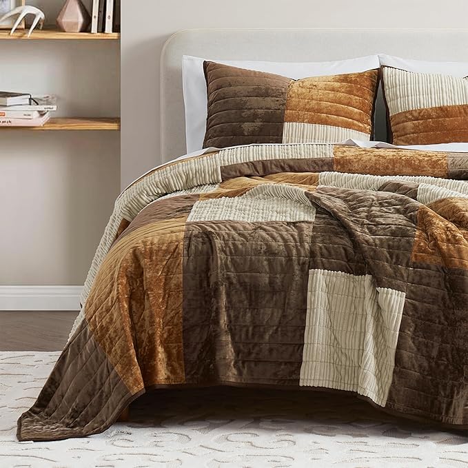 Wonderful Velvet Quilt Queen Size Patchwork Bedding Set, Caramel Brown Lightweight Comforter Luxury Bedspread Boho Coverlets with Pillow Shams for All Season