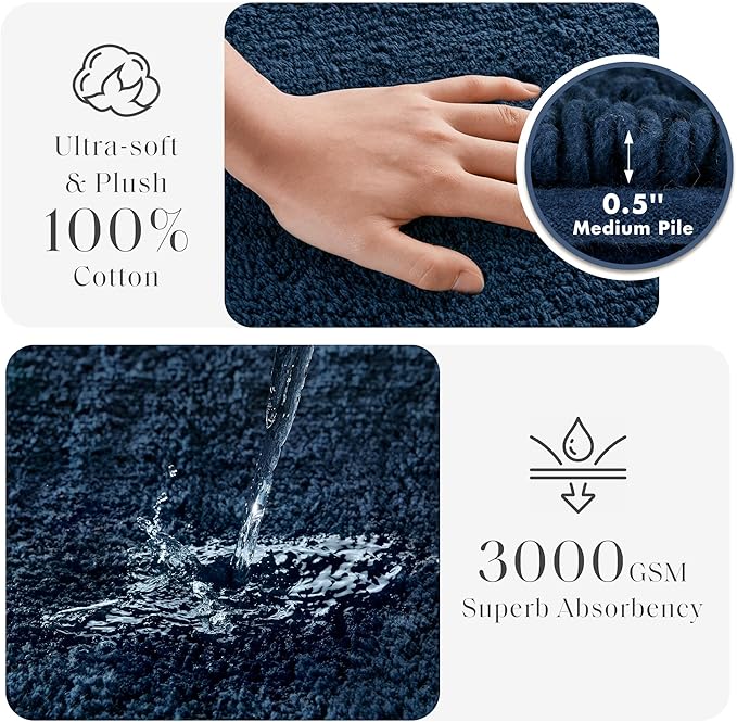 Madison Park Splendor Reversible 100% Cotton Tufted Bathroom Rug-3000 GSM Hotel Quality Luxurious Plush Medium Pile Bath Mat Absorbent, Quick Dry, Shower Room Décor, 20x30 Navy
