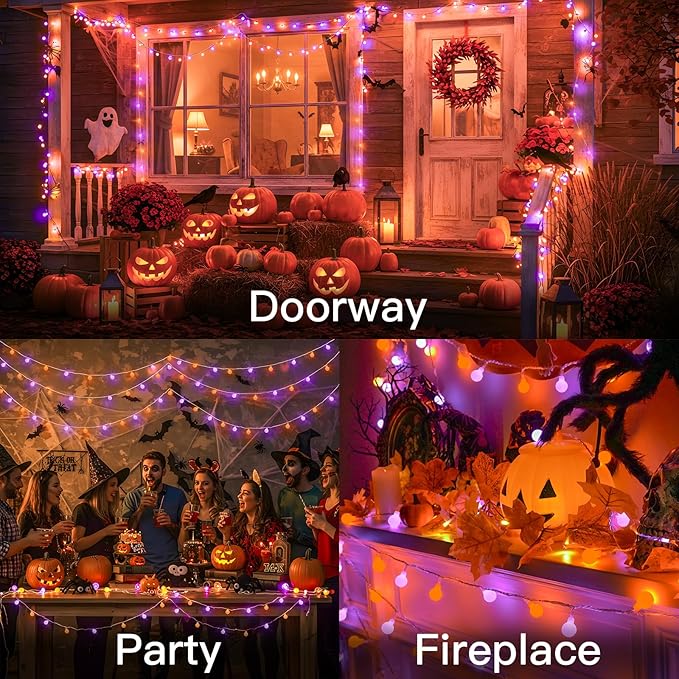 suddus Halloween Lights Indoor with Remote, 33ft 100 Led Purple and Orange Globe String Lights, Fairy Lights Plug in with 8 Lighting Modes for Bedroom, Home, Office, Halloween Decorations