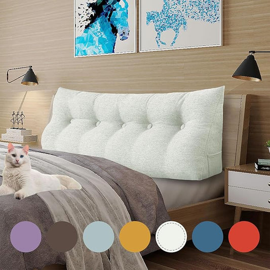 11 lbs Thickened Queen Headboard Pillow Wedge Pillow Headboard Reading Pillow Bed for Comfortable Backrest Reading Triangular Pillow with Side Pocket for Sitting in Bed Cotton Linen White