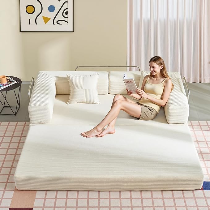 YINIX Foldable Sofa Bed, 78'' Folding Floor Couch, Compressed Convertable Sleeper Sofa, Memory Foam Couch with Pillow Back Support Armrest, 4-in-1 Futon Sofa Bed for Living Room, White