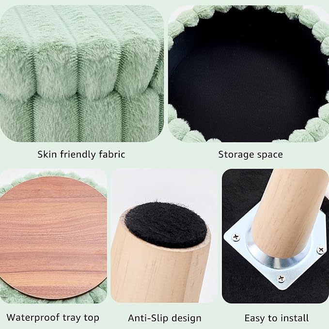 Wimarsbon Storage Ottoman,Soft Faux Fur Footstool with Padded Seat, Small Reading Vanity Chair, Footrest with Wood Tray for Couch, Mini Coffee Table or Display Stand (Light Green, Round Storage)