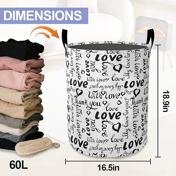 Laundry Basket,Black White Love Large Canvas Fabric Lightweight Storage Hamper Organizer Dirty Clothes Collapsible Waterproof for College Dorms,Bathroom
