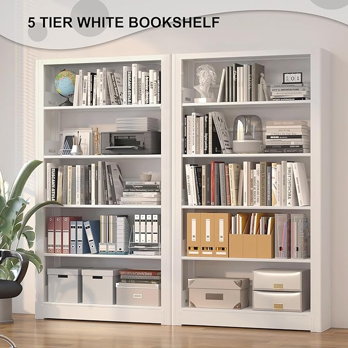 White Bookshelf, 5 Tier Tall Bookshelf, Metal Bookshelves and Bookcases with Adjustable Shelves, Large Bookshelf Open Display Shelves with for Study, Office, Corner (69" H)