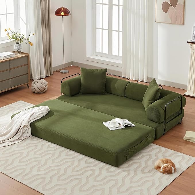Convertible Sleeper Sofa Bed with Cylindrical Pillow, Corduroy Folding Mattress Couch with Fixed-Shape Frame, Floor Sofa Lounge Couch for Living Room Bedroom Lounge Studio-Green