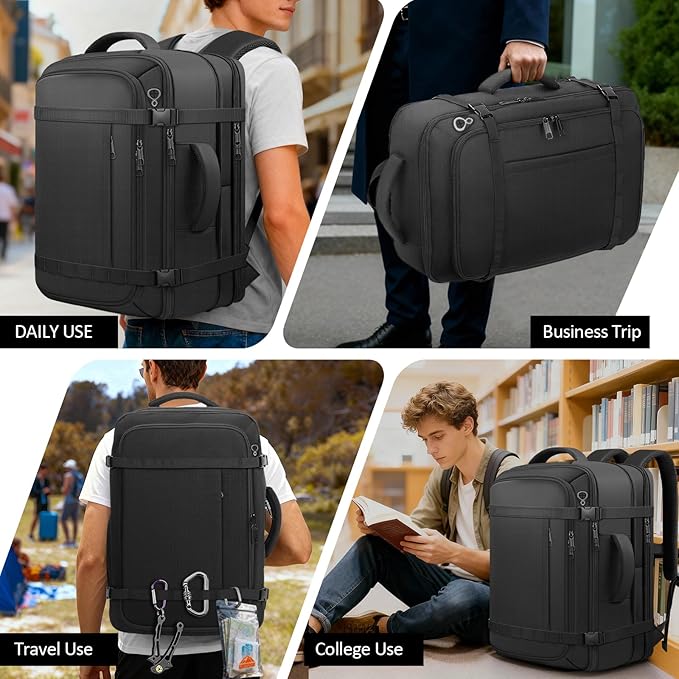 Travel Backpack,40-50L Expandable Carry On Backpack with USB Cable Port Fits 17.3 Inch Laptop Bag,Water Resistant Weekender Bag Men Women for Business Trips, College,Hiking,Daily Commuting,Black