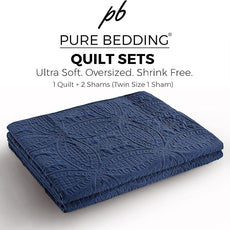 Quilt Set King/Cal King/California King Size Navy - Oversized Bedspread Soft Microfiber Lightweight Coverlet for All Season - 3 Piece includes 1 Quilt and 2 Shams Geometric Pattern