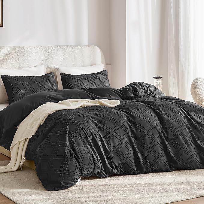 JELLYMONI Duvet Cover Twin Size Black - 3PCS Boho Duvet Cover Set Plaid Polyester Tufted Bohemian Jacquard Knit Textured Comforter Cover 68×90in Rhombic Geometric Pattern Corner Ties & Zipper