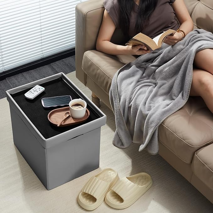 AmasSmile Storage Ottoman Folding Foot Rest Stool, Leather Footstool Bench, Short Ottoman Stool, Storage Foot Rest Store, Books (Grey, 17" D x 13" W x 13" H)