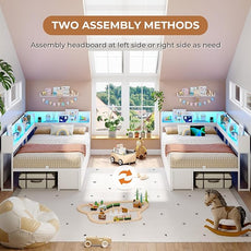 VIAGDO Corner Bed Frame with Storage Bookcase and 6 Drawers, Twin XL Metal Platform Corner Bed Frame with LED Lights and Charging Station, Twin XL Daybed for Kids Teenagers, White