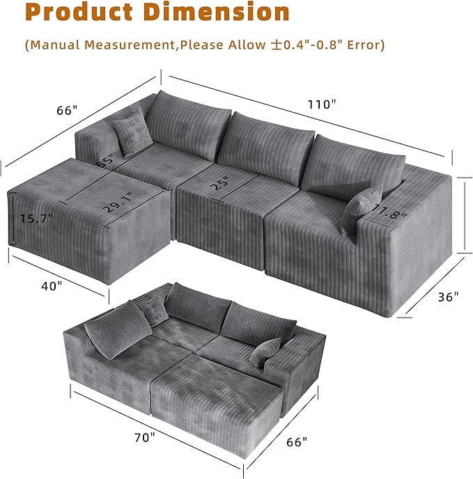 110" Cloud Couch Sectional for Living Room L-Shape Boneless Couches Modular Sectional Sofa with Deep Seat Plush with Chaise,No Assembly Required, Carbon Gray(Plush Corduroy Fabric)