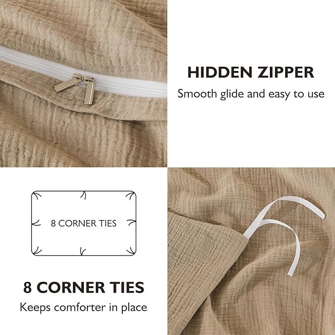 EMME Muslin Cotton Duvet Cover Set Khaki King Size Linen Like Soft Breathable Lightweight Summer Comforter Cover Set with Zipper Closure (Khaki, King, 104"x90")