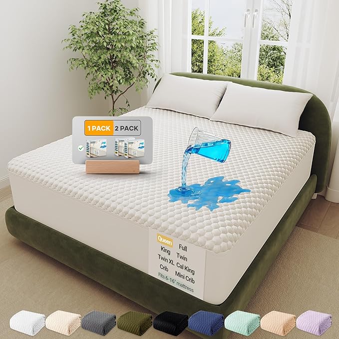 OhGeni 100% Waterproof Mattress Protector,Queen Size Mattress Soft Pad,Pet Hair & Bedwetting Resistant,Cooling Breathable Fitted Sheets,Washable Bed Cover,Non-Slip Deep Pocket,Noiseless for Bedroom