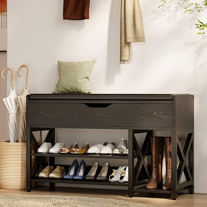 Shoe Bench, Lift Top Shoe Storage Bench, Adjustable Shelf Entryway Bench with Padded Cushion for Entry, Closet, Living Room, Hallway, 2-Tier Shoe Rack Organizer(Black, 39.5“W)