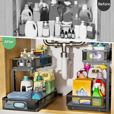 Under Sink Organizer, High Adjustable 2 Tier Under Sink Organizers and Storage, Slide Out Metal Cabinet Organizers, Pull Out Sink Storage Drawer Shelf for Kitchen Bathroom Cabinet, Black, 1 Pack