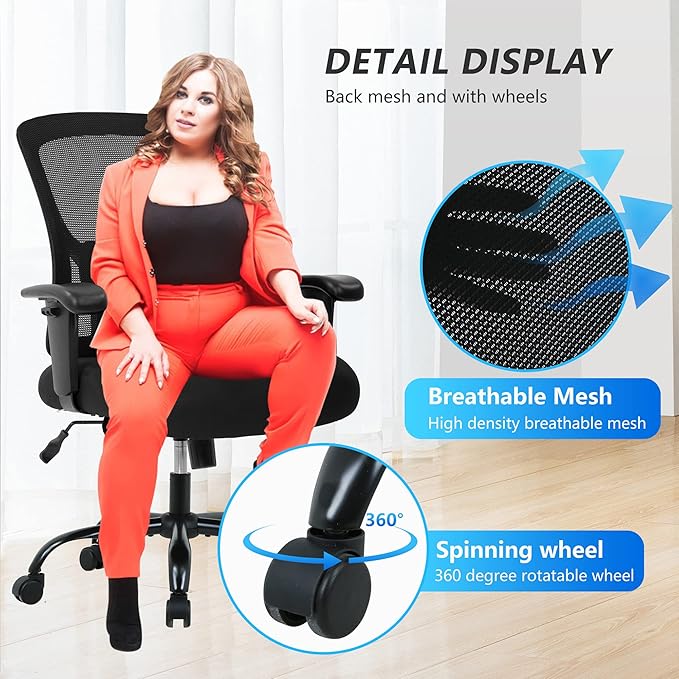 Big and Tall Office Chair 400lbs Wide Seat Desk Chair Computer Chair with Lumbar Support Adjustable Arms Task Rolling Swivel Mesh Executive High Back Ergonomic Chair for Adults Women,Black