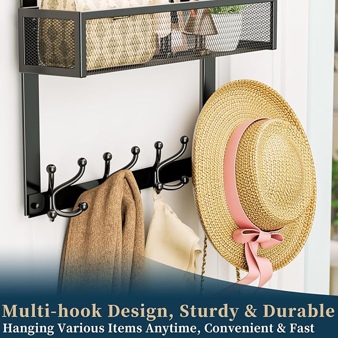 Consumest Over The Door Hooks Organizer - Over Door Hanger with 16 Hooks & 2 Baskets for Hanging Coat, Clothing, Towel, Back Storage for Bathroom, Closet, College Dorm, Black