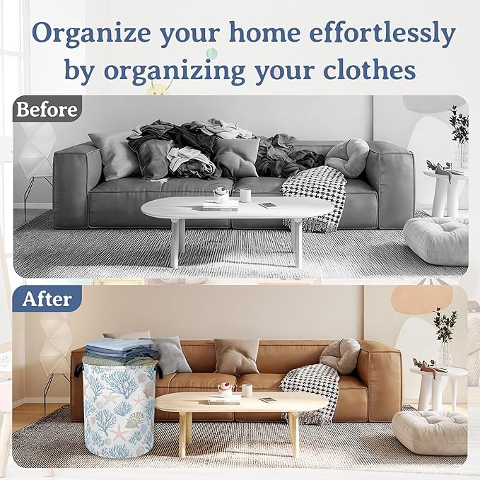 Starfish Coral Shells Laundry Hamper With Handle,Foldable Oxford Cloth Ocean Laundry Basket,20.8"x16" Clothes Storage Basket for Laundry Room/Bedroom/Bathroom