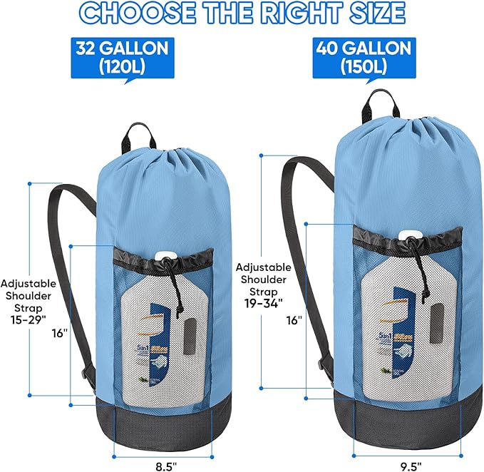 BALEINE 120L Laundry Bag Backpack, 900D Oxford Fabric Large Travel Laundry Bags with Shoulder Straps and 2 Mesh Pockets for College Dorm, Apartment, Laundromat (Blue, 120L)