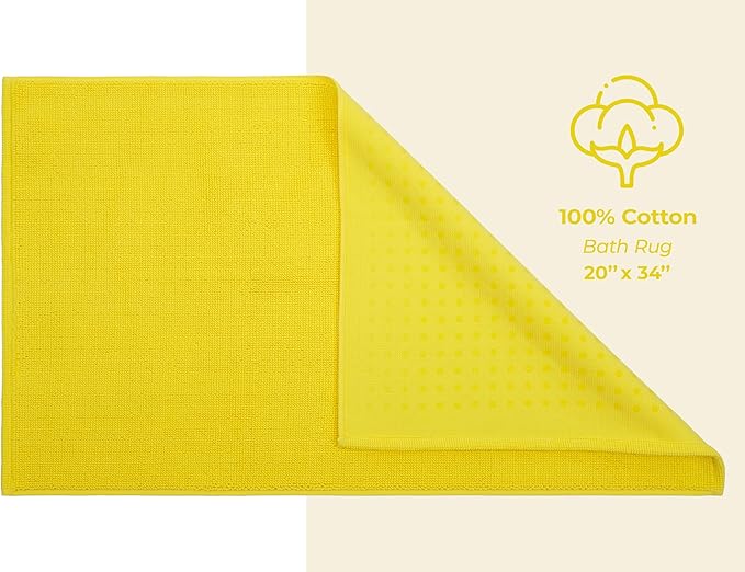 American Soft Linen Bath Rug, 20 in 34 in 100% Cotton Bath Mats Rugs for Bathroom, Slip Reducer Washable Shaggy Form Area Rugs, Yellow Bath Rug