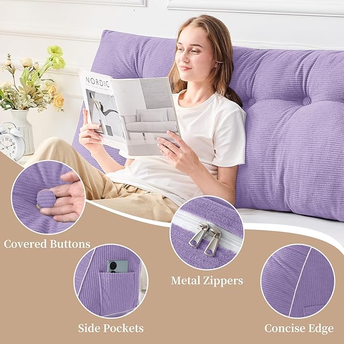 Sasttie Headboard Pillow Full, Wedge Pillow Headboard for Sitting Up in Bed, Back-Rest Support Triangular Cushion for Reading - Features Removable Washable Cover, Purple
