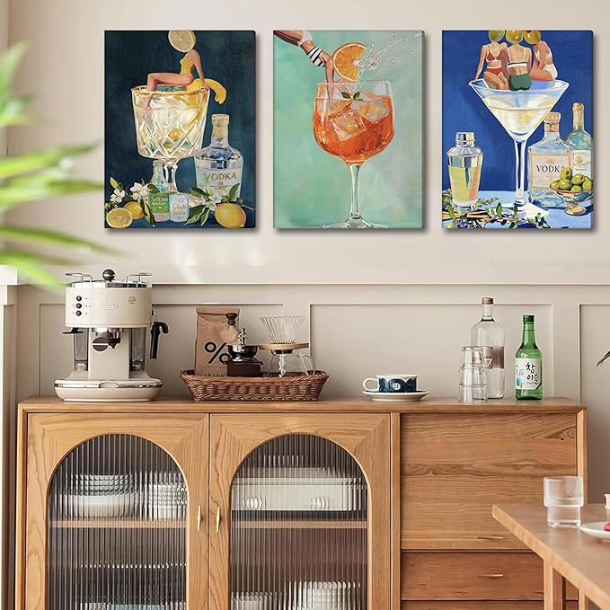 Vintage Cocktail Canvas Wall Art Set of 3, Retro Dirty Martini Bar Cart Wall Decor Paintings, Preppy Alcohol Aesthetic Posters Prints Pictures for Bar College Girls Apartment Dorm 12x16 Inch Framed