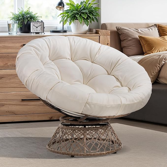 Bme 40" Ergonomic Wicker Papasan Chair with Soft Thick Density Fabric Cushion, High Capacity Steel Frame, 360 Degree Swivel for Living, Bedroom, Reading Room, Lounge