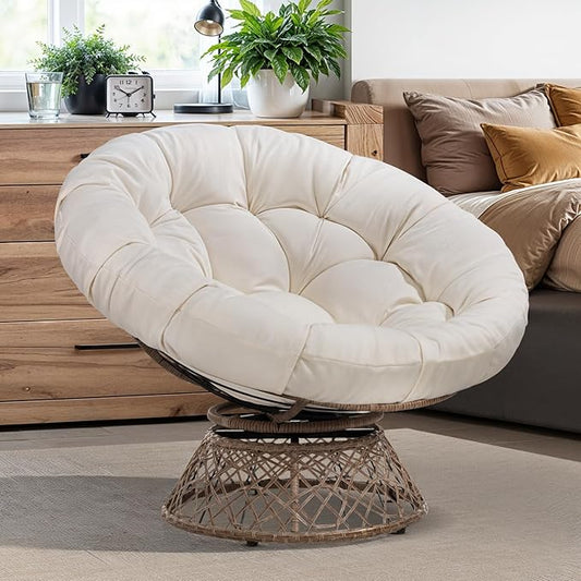 Bme 40" Ergonomic Wicker Papasan Chair with Soft Thick Density Fabric Cushion, High Capacity Steel Frame, 360 Degree Swivel for Living, Bedroom, Reading Room, Lounge