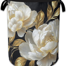 White Flowers Laundry Hamper With Handle,Foldable Oxford Cloth Glitter Blooming Laundry Basket,20.8