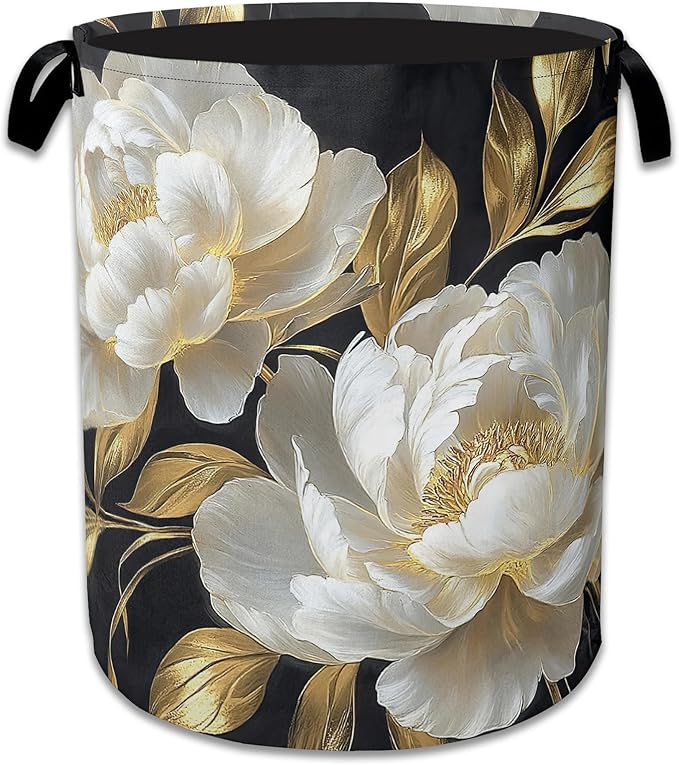 White Flowers Laundry Hamper With Handle,Foldable Oxford Cloth Glitter Blooming Laundry Basket,20.8"x16" Clothes Storage Basket for Laundry Room/Bedroom/Bathroom