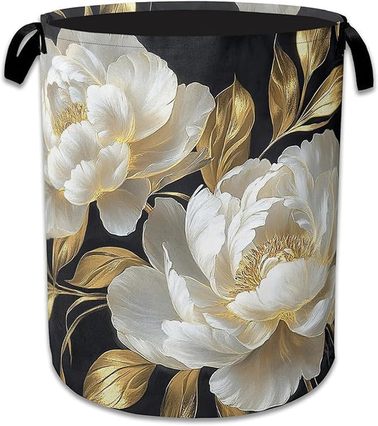 White Flowers Laundry Hamper With Handle,Foldable Oxford Cloth Glitter Blooming Laundry Basket,20.8"x16" Clothes Storage Basket for Laundry Room/Bedroom/Bathroom