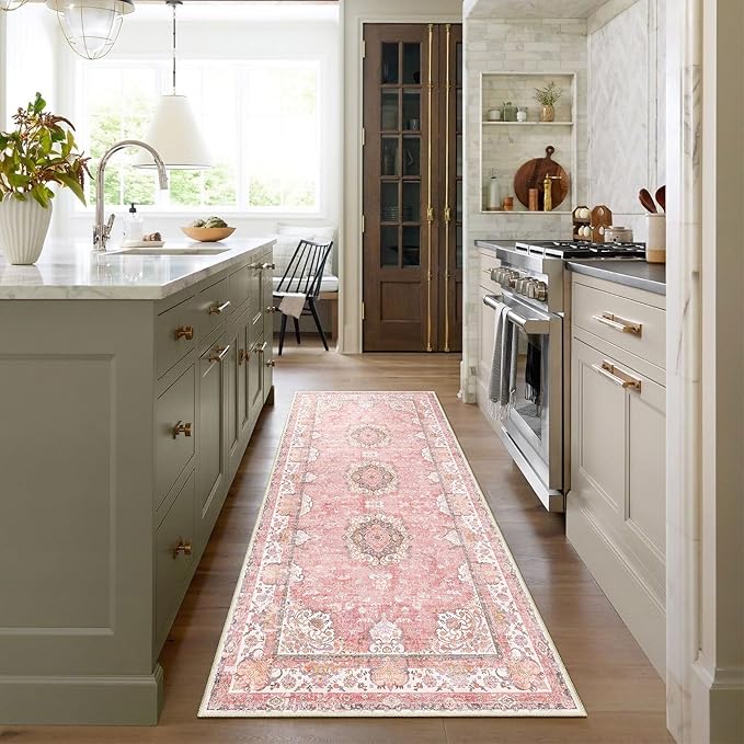 Washable Runner Rug 2'x6',Pink Rug Runners Non Slip,Long Boho Rugs for Hallways Kitchen Bathroom Bedroom Entryway,Vintage Bohemian Distressed Floor Carpet,Blush Floral Flowers