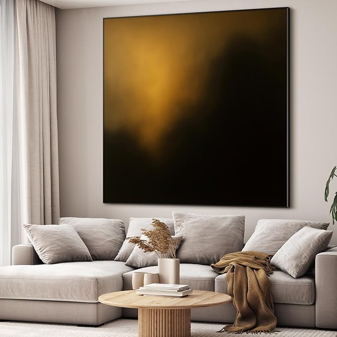 60"x60" XL Framed Wall Art - Dark Abstract Golden Light Glow on Black Modern Painting Minimalist Foggy Forest Tranquil (Frame Assembly Required)
