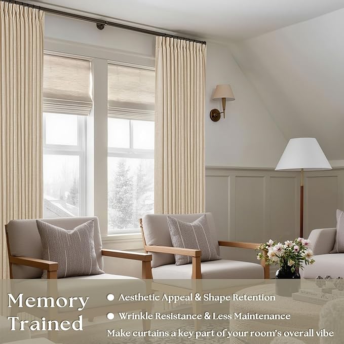 Warm Beige Linen Curtains 102 Inches Long 2 Panels for Living Room Thick Linen Flax Cloth Pinch Pleated Memory Trained Back Tab Light Filtering Semi Sheer Curtain with Hook Rings Sand Cream Neutral