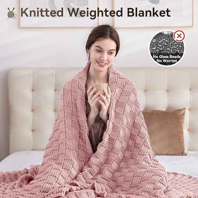 Knitted Weighted Blanket Adults, No Beads Heavy Blanket 40” x 60'' 7lbs, Breathable Chunky Knit Blanket, Cooling Weighted Blanket for Hot Sleepers, Christmas Home Decor (HoneyPink)