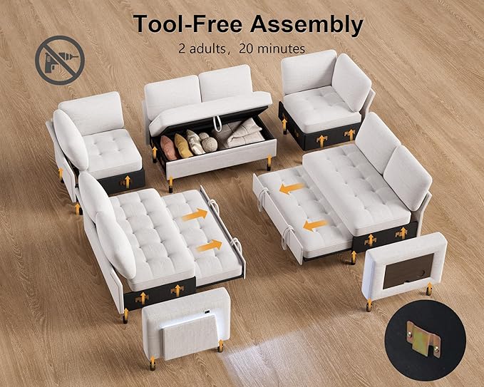 WEUP 8 Seat U Shaped Sectional Sleeper Sofa Bed with Pull Out Bed, Chenille Sectional Sleeper Couch with Adjustable Backrest, USB Ports, LED, Side Table, Tool-Free Assembly, Chenille Beige