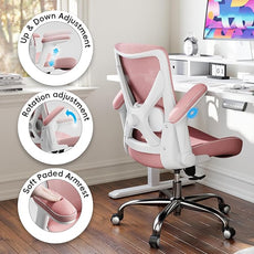 Office Home Ergonomic Desk Chair-Computer X-Shaped Chair Mesh PU Leather with Adjustable Lumbar Support-Executive Chair High Back Flip-Up Arms for Long Hours (Pink-No Headrest)