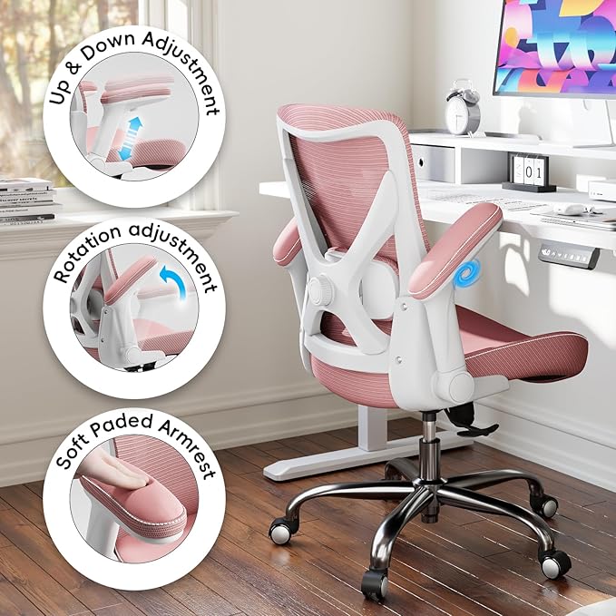 Office Home Ergonomic Desk Chair-Computer X-Shaped Chair Mesh PU Leather with Adjustable Lumbar Support-Executive Chair High Back Flip-Up Arms for Long Hours (Pink-No Headrest)